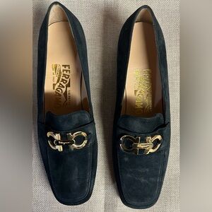 Salvatore Ferragamo Women’s Dark Navy Loafers with Gold Accent